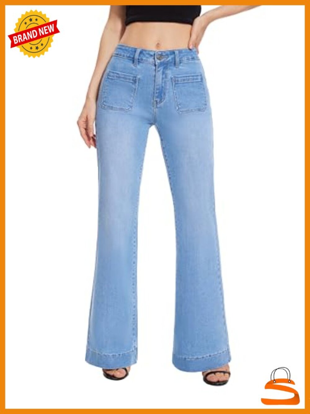 High Rise Flare Wide Leg Bell Bottom Jeans Stretch Denim with Pockets